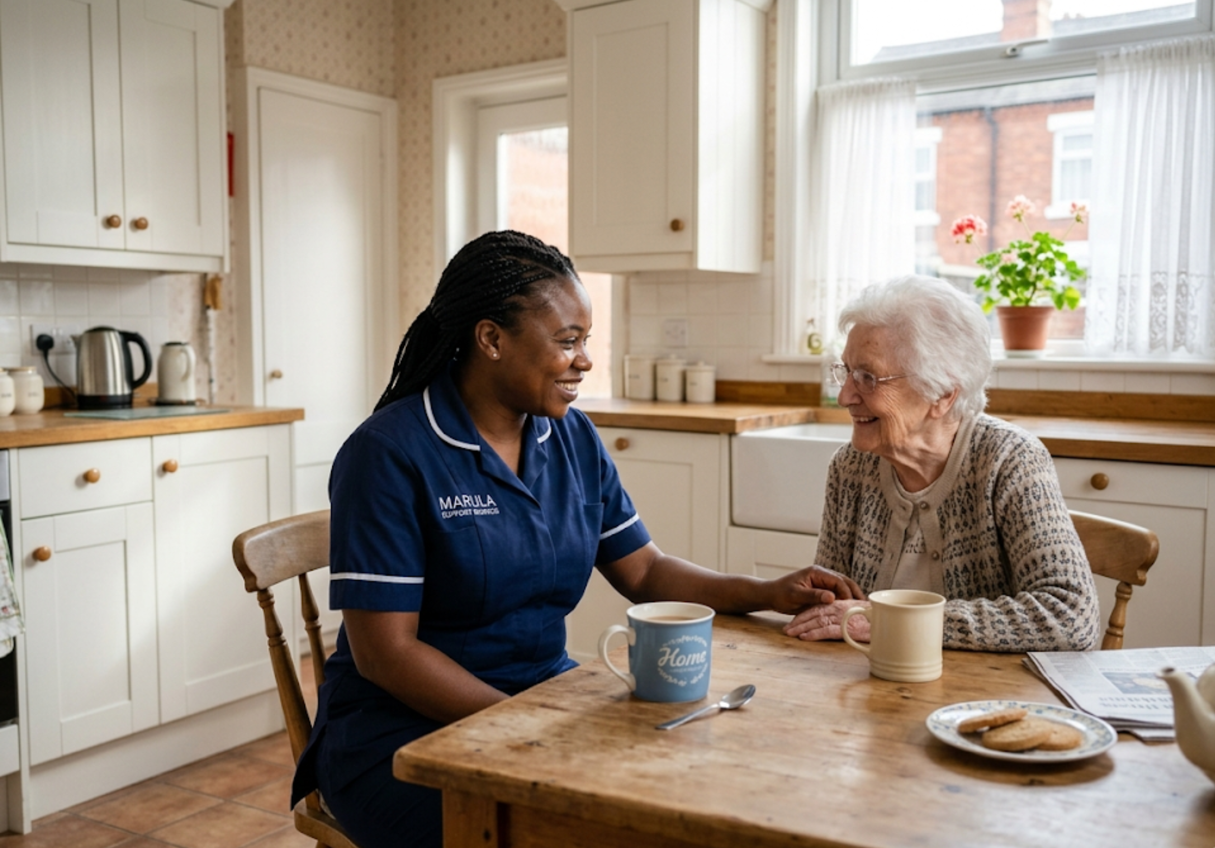 A Marula Support Services carer sharing a warm moment with an elderly client at home in Birmingham